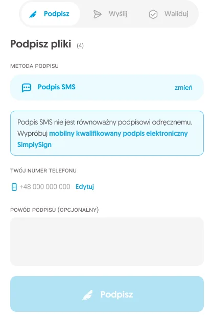 Widok na telefonie: odbiorca bez konta otwiera dokument kodem i podpisuje go